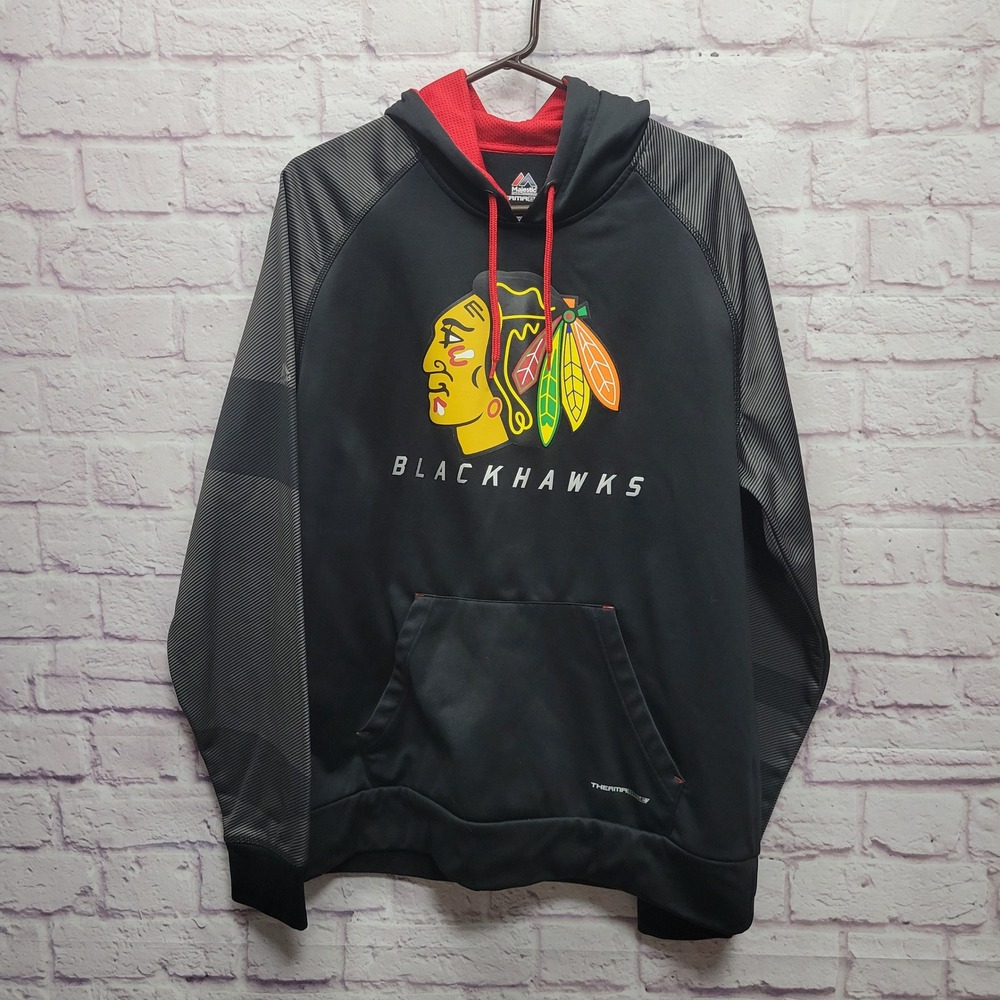 Majestic Thermabase Chicago Blackhawks NHL Hoodie Size L Black Gray Front Logo